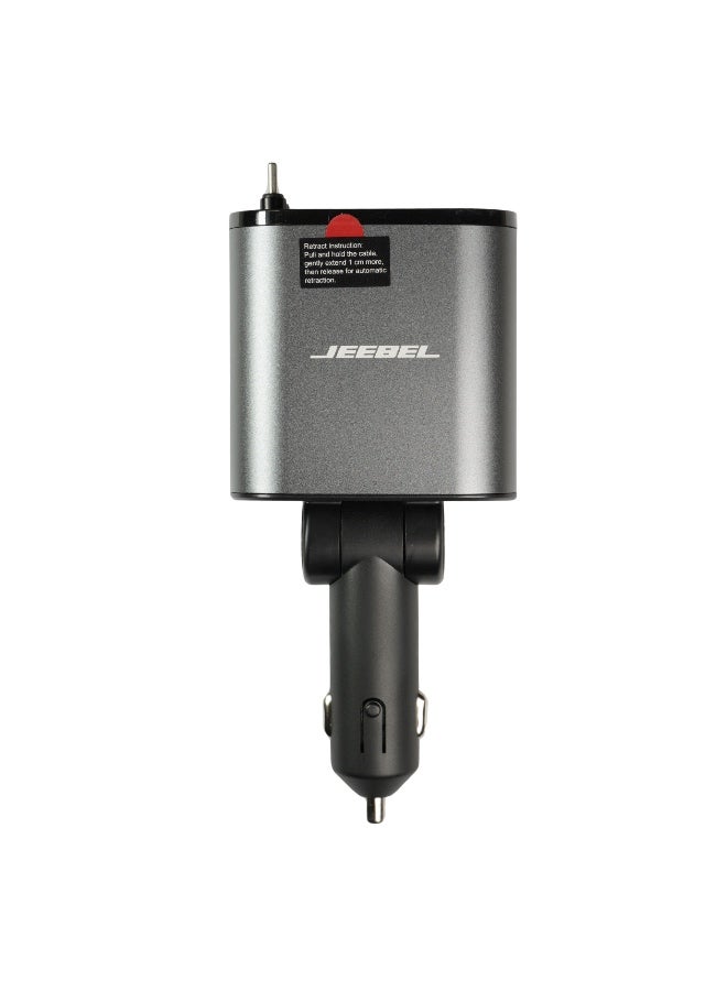 Jeebel Car charger with two cables, a Lightning cable, a retractable USB-C cable, a USB-C port and a USB port, a 120-watt multi-use fast charging charger - Image 5